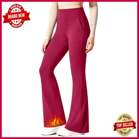 Fleece Lined Flare Yoga Pants High Waist Thermal Leggings with Pockets - Picture 1 of 6